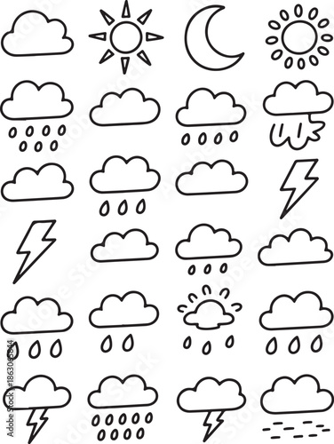 A collection of weather icons on a white background