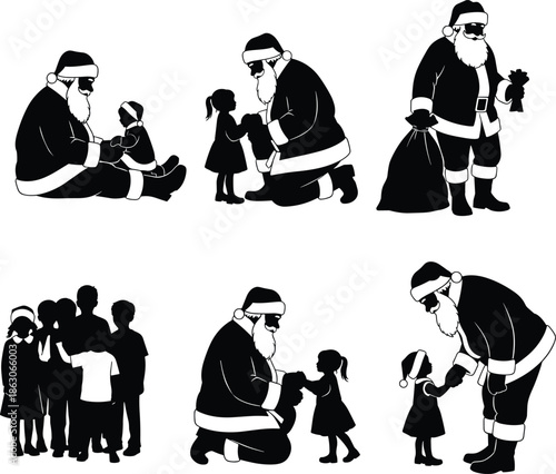 Santa Claus giving gifts to children, festive Christmas moment, joyful winter celebration, silhouette illustration, black and white design flat vector
