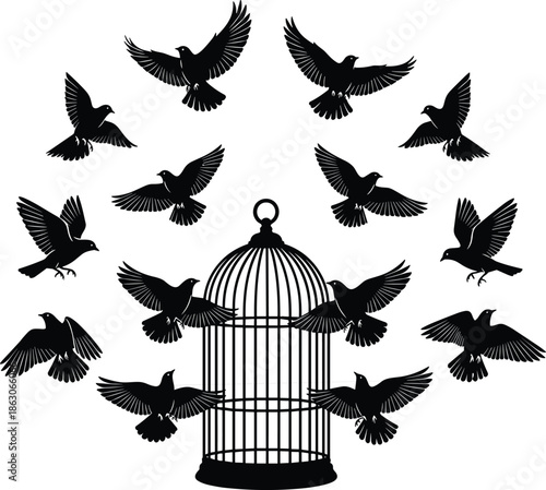 Birds flying from open cage, freedom concept, escape symbolism, silhouette illustration, black and white design, peaceful liberation theme flat vector