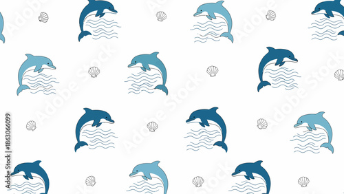 Blue Dolphin Illustration Pattern on White.