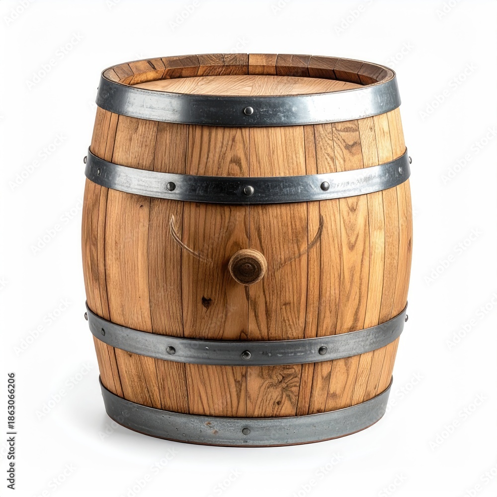 Fototapeta premium Upright, wooden container with metal bands, against white background
