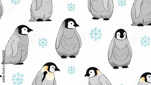 Penguins Standing on White Background with Snowflakes.