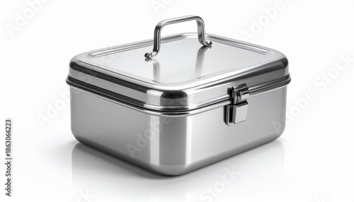 Stainless Steel Rectangular Food Container with Secure Lid and Side Latch on Neutral Background