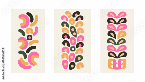 Abstract colorful patterns displayed in three vertically oriented rectangular frames