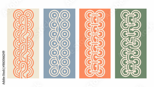 Four decorative panels featuring interwoven looping line patterns in various colors