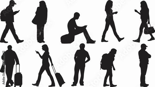 Silhouettes of diverse people walking standing and traveling in a public space