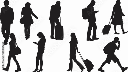 Silhouettes of diverse people walking carrying luggage and personal items
