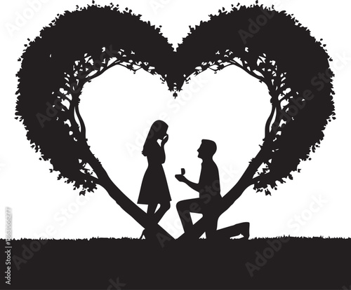 PrintRomantic proposal under a heart shaped tree silhouette