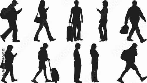 Silhouettes of people walking carrying luggage and using mobile phones
