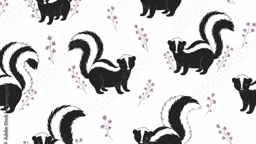 Black and White Skunks on White Background.