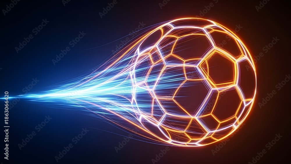 Fototapeta premium High tech soccer ball flying with glowing orange energy trail and sparks on dark background.