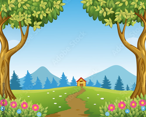 A serene landscape with lush trees a winding path and distant mountains