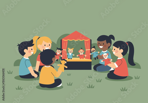 Children watching a puppet show outdoors with a puppet stage.