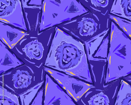 Abstract pattern featuring lion faces within geometric triangular shapes purple coloration