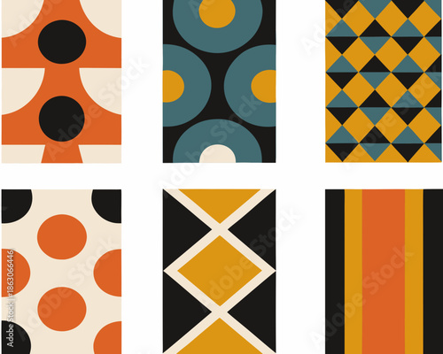 A collection of abstract geometric patterns in warm and cool tones