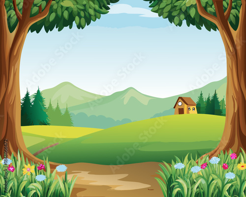 A scenic view framed by trees showcasing a landscape with mountains and a house