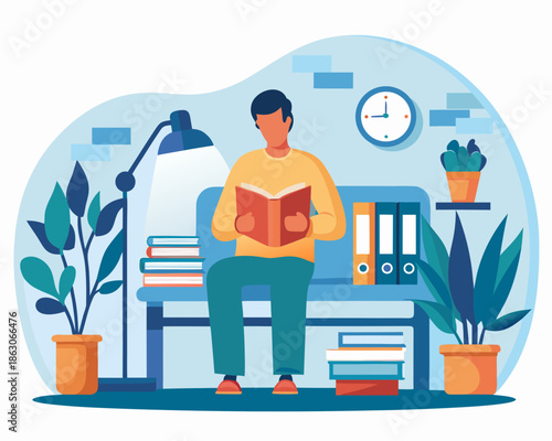 A man reading a book on a sofa in a bright cozy room