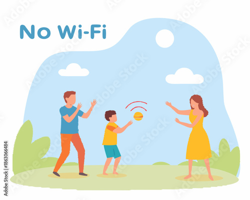 Family enjoying outdoor activities disconnected from the digital world no wi fi
