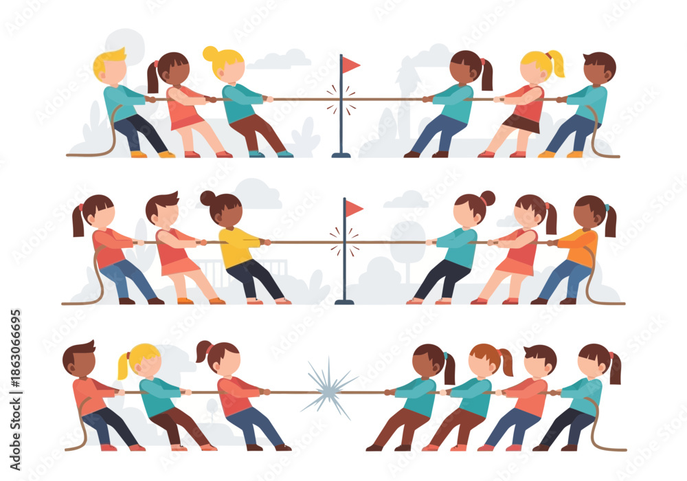 Obraz premium Children playing tug of war in three different scenes.