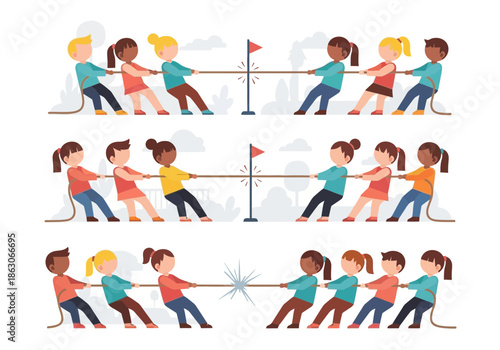 Children playing tug of war in three different scenes.