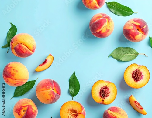 Wallpaper Mural Colorful peaches with leaves artfully arranged on a light blue surface Torontodigital.ca