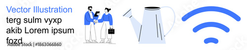 Business negotiations, teamwork, daily life, modern technology, connectivity, communication. People shaking hands, teapot wireless icon. Business negotiations and modern connectivity concept