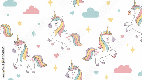 Colorful Cartoon Unicorns with Rainbow Tails.