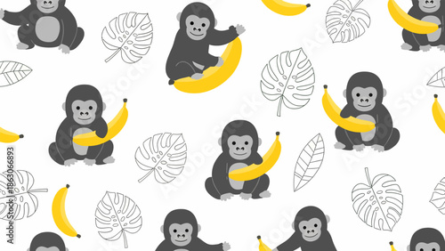 Monkey Cartoon Character Eating Banana Pattern.