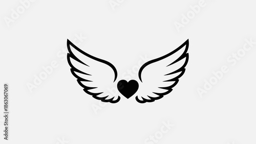 Minimalist black heart with elegant white wings illustration on a light background.