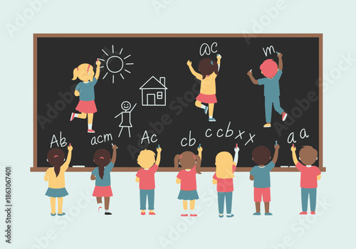 Children draw and learn on a blackboard with chalk.