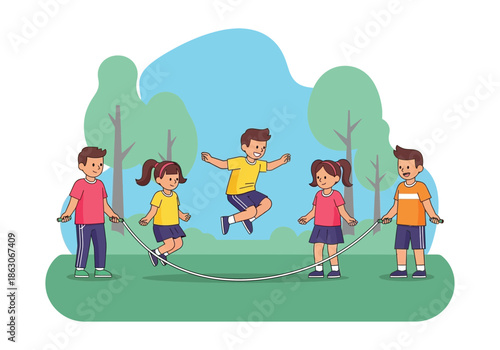 Children playing jump rope together outdoors in a park.