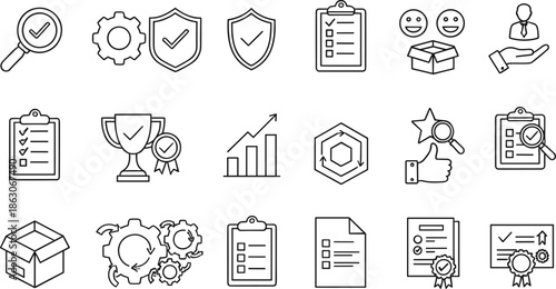 Complete quality assurance and business compliance line icons set featuring checklist surveys magnifying glass verification trophy awards and process optimization symbols