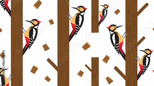 Colorful Woodpecker Birds on Tree Branches.