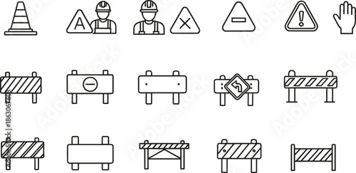Complete road construction and site safety line icon set featuring traffic cones worker warnings safety barriers and zone protection symbols for infrastructure projects