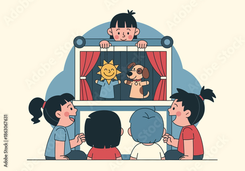 Children watch a puppet show with a sun and dog puppet.