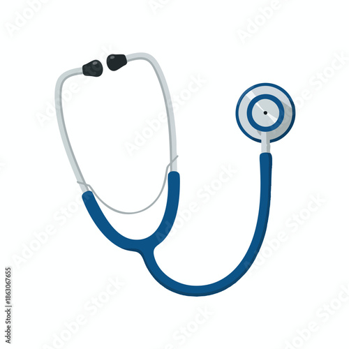An isolated, stylized illustration of a stethoscope with a blue and white color scheme