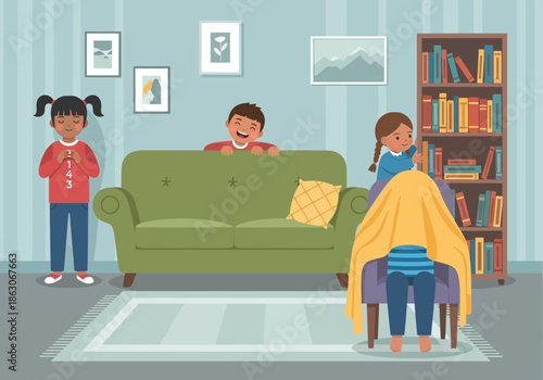 Children playing hide and seek in a living room with a couch and bookshelf.