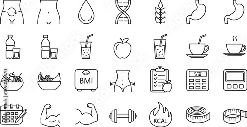 Complete fitness and dieting line icon set featuring weight loss monitoring healthy nutrition muscle building calorie counting and metabolic health symbols