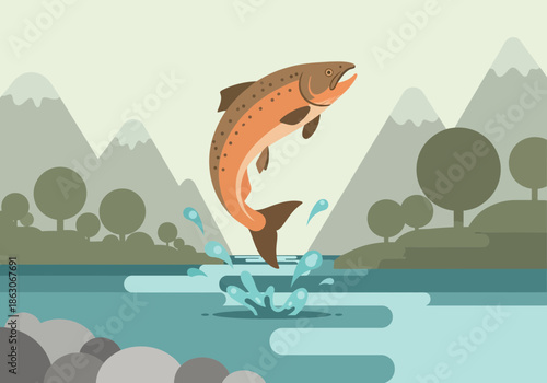 A salmon leaps from the water with mountains and trees in the distance.