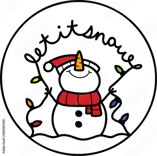 Whimsical snowman wearing a red knit hat and scarf, smiling inside a circular badge, holding glowing colorful string lights in a snowy wintry scene