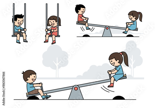 Children playing on swings and seesaws in a park setting.