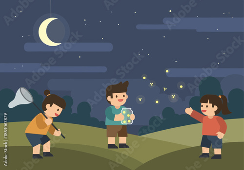 Children catching fireflies at night with nets and jars.