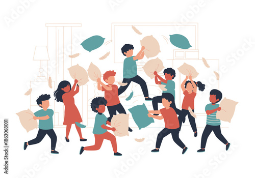 Diverse children joyfully engage in a lively pillow fight, throwing pillows.
