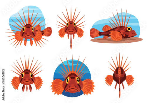 Six illustrations of a spiky orange fish from different angles.