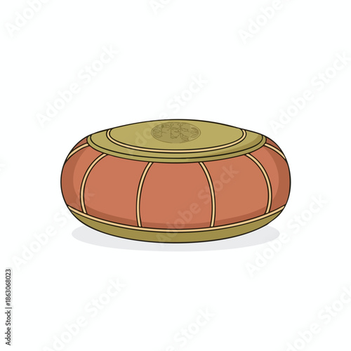 An oval-shaped, decorated, red and gold cushion with an insignia on top