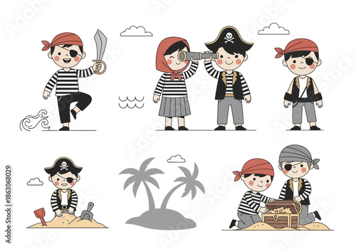Children dressed as pirates engaging in various activities and adventures.