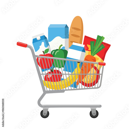 A shopping cart overflowing with groceries, illustrating a full stock