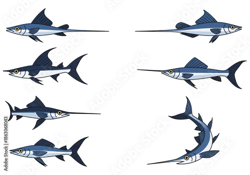Collection of stylized sharks and swordfish illustrations.