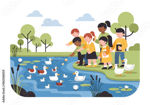 Children feeding ducks in a pond with trees and reeds.