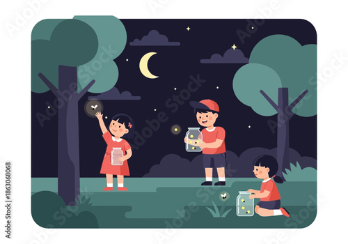Children catching fireflies in a park at night.